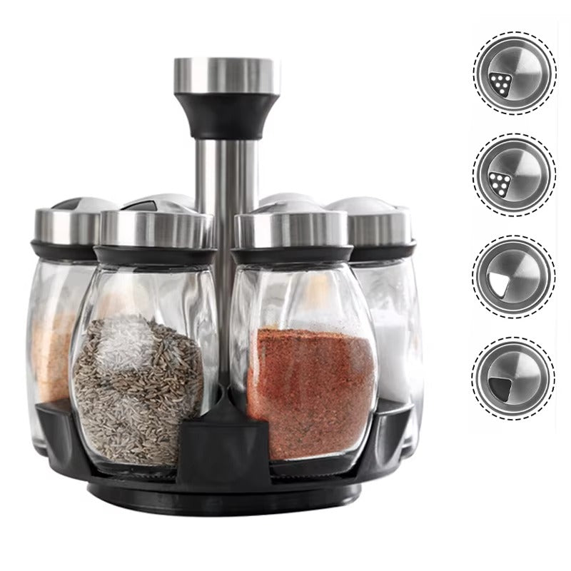 Présentoir rotatif de cuisine avec six pots à épices en verre et couvercles en acier inoxydable, 236 Shopping Bangui.