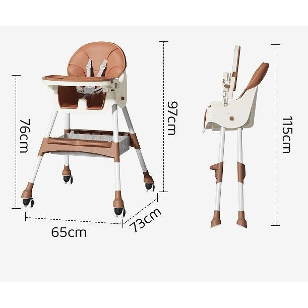 Chaise haute pour bébé moderne de couleur vert sauge et blanc avec tablette de repas amovible, harnais de sécurité et panier de rangement inférieur. Modèle équipé de roues pour un déplacement facile, disponible en plusieurs couleurs à Bangui, République Centrafricaine chez 236 Shopping pour 49 990 FCFA