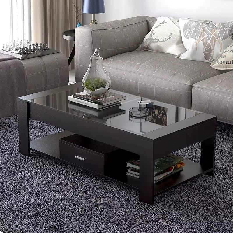Table basse moderne rectangulaire de 120x60cm avec plateau en verre noir, structure blanche, tiroir de rangement et étagère inférieure, disponible chez 236 Shopping Bangui.