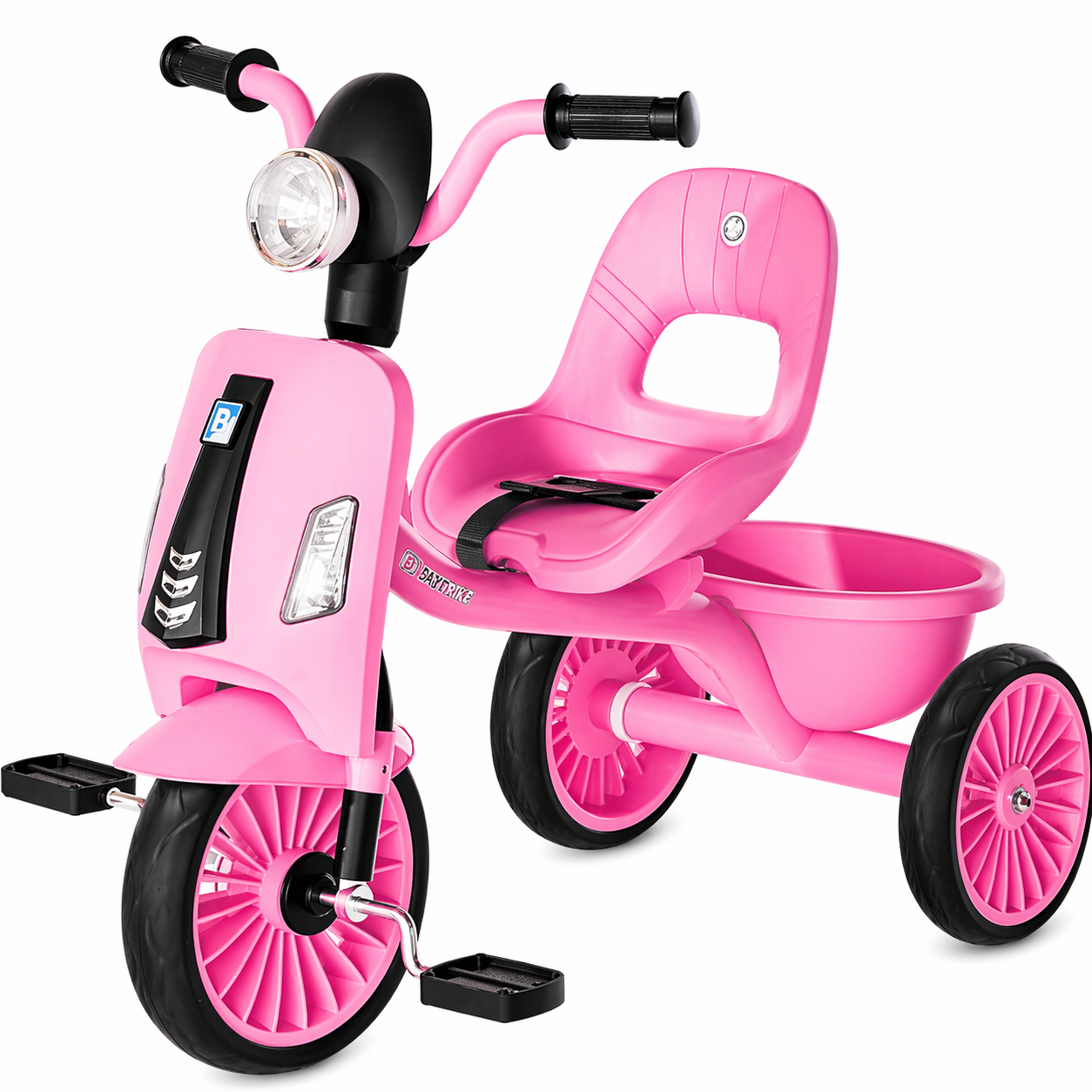 Tricycle pour enfant de couleur bleu vif avec un design avant rappelant un scooter vintage, équipé d'un grand phare rond, d'un siège ergonomique bleu et d'un panier de rangement à l'arrière. Jouet disponible à Bangui, République Centrafricaine chez 236 Shopping pour 39 990 FCFA.