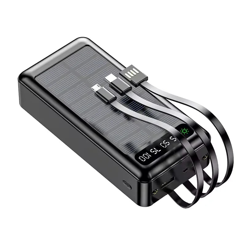 Powerbank chargeur d'énergie solaire 50000 mAh avec 4 cordons et fonction torche, Batterie solaire pour téléphone disponible à Bangui 236 Shopping RCA.